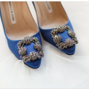 Used Manolo Blahnik Hangisi Royal Blue Satin size 36.5